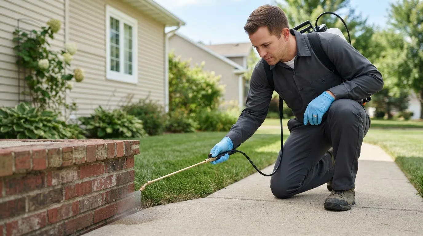 Pest control technician treating a home near Bremen, OH