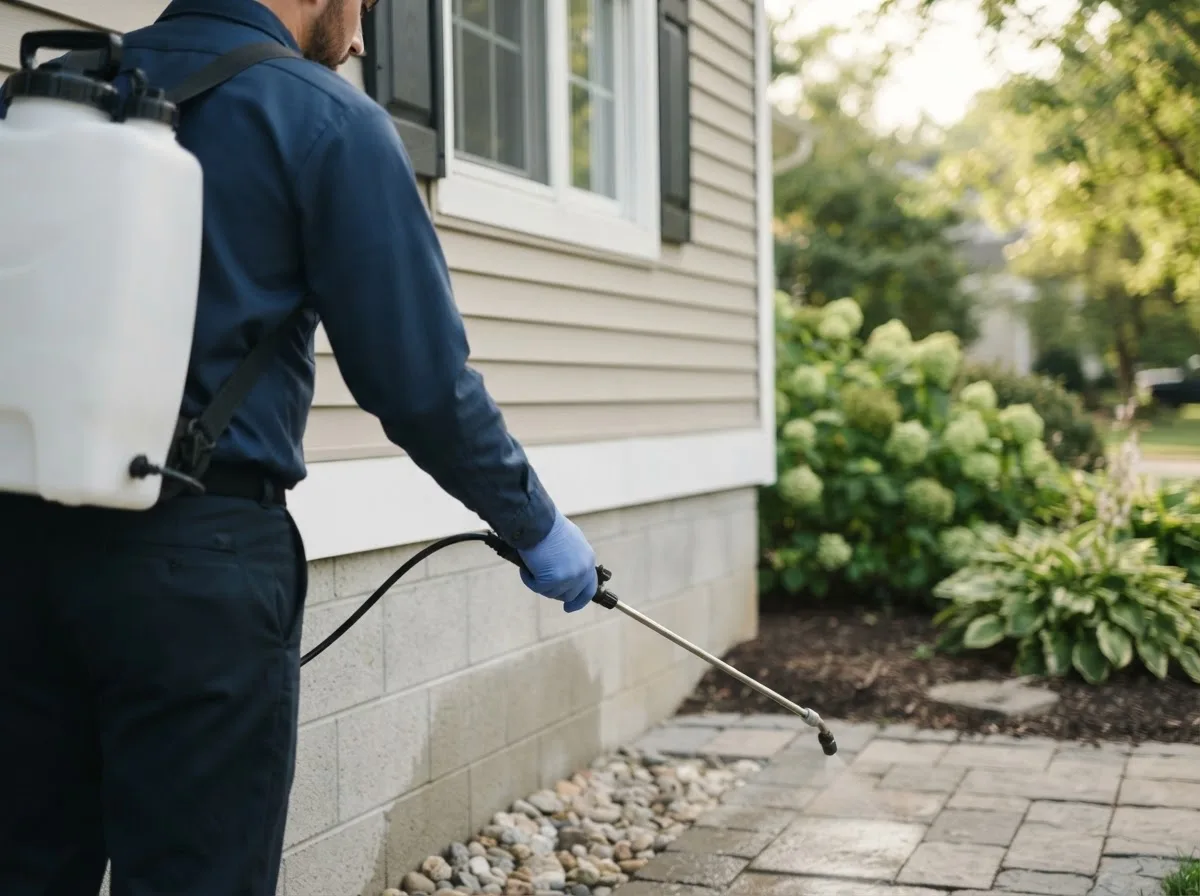Pest control technician inspecting a home in Bremen, OH